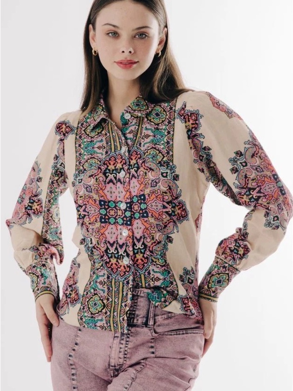 Love the label Cream Paisley-Print Button Front Blouse with Pink Accent M
